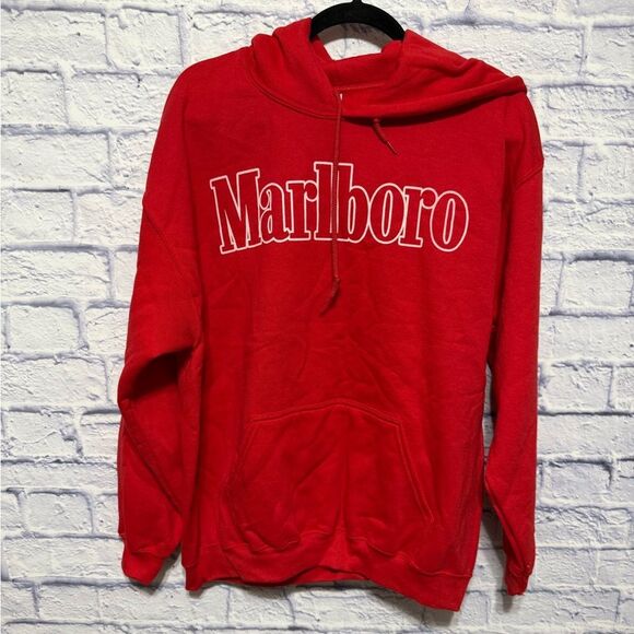 Vintage 90’s Marlboro Logo Red Drawstring Hoodie Sweatshirt Size L - Picture 1 of 13
